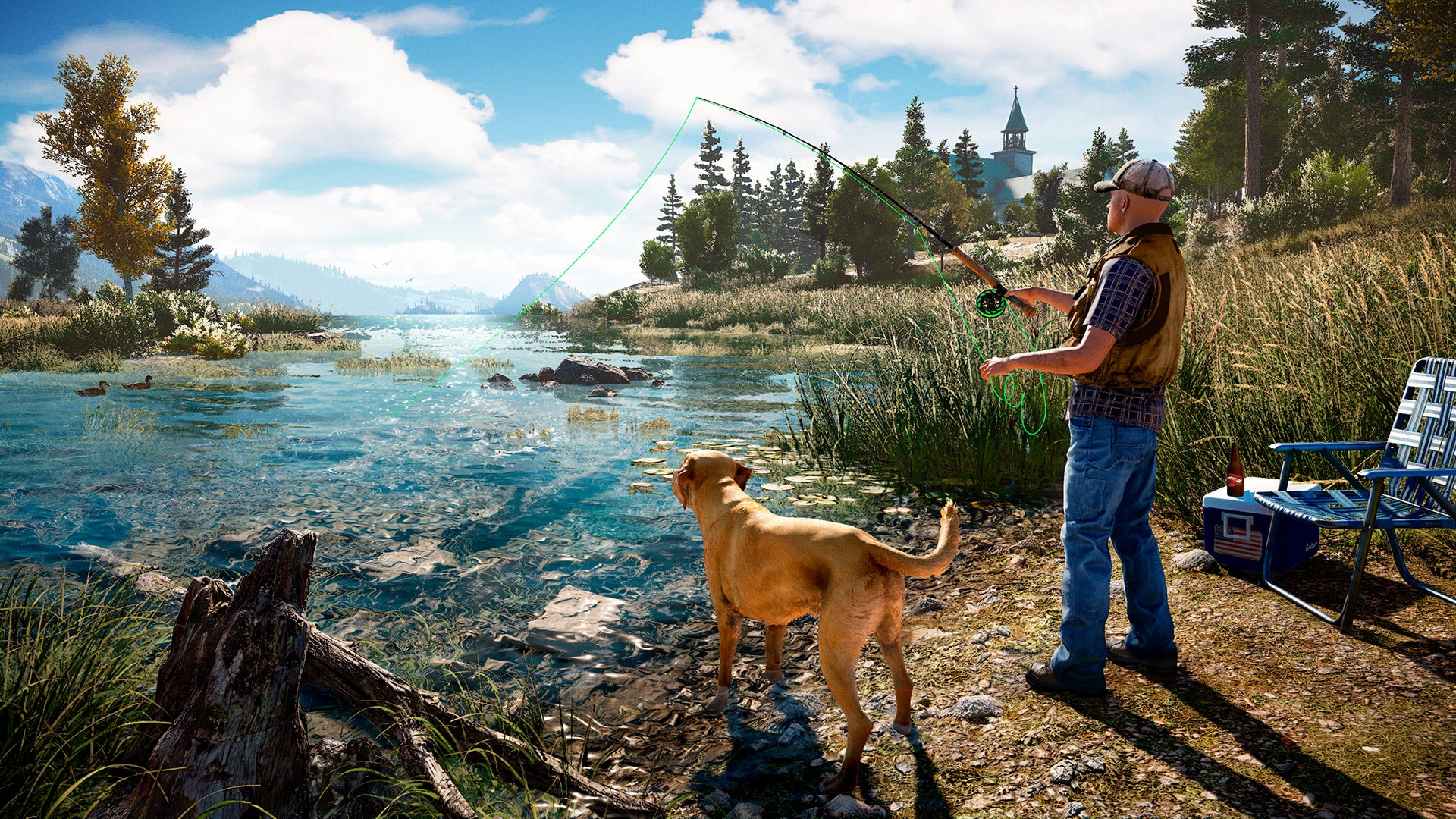 Journée ensoleillée où un homme pêche avec son chien