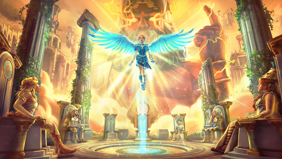 Immortals Fenyx Rising DLC #1 Artwork with Fenyx rising above alter surrounded by yellow glow.