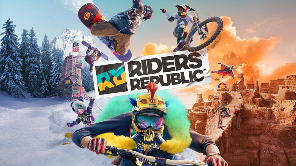 The box art for the new Ubisoft title Riders Republic. The logo separates a snow covered mountain from a desert like canyon where various riders race down and perform tricks in mid-air with unique gear and outfits.